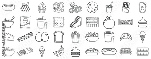 Fast Food, Snacks and Desserts Icon Set – Outline Junk Food and Street Food Vector Collection