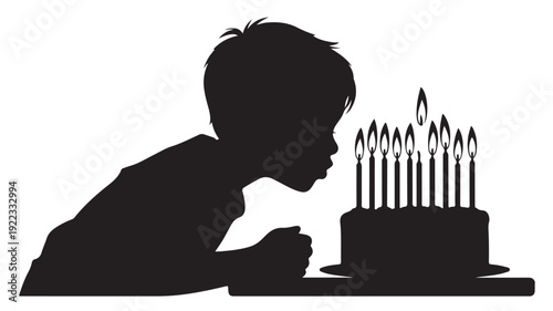 Boy blowing candles on birthday cake in silhouette style with dramatic lighting on white background for celebration