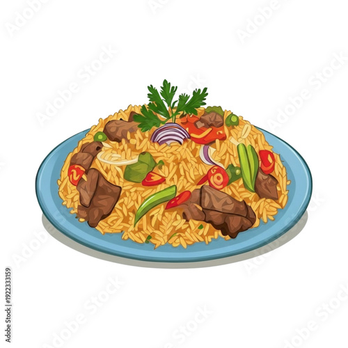 Illustration of Beef Fried Rice with Vegetables on a Blue Plate.