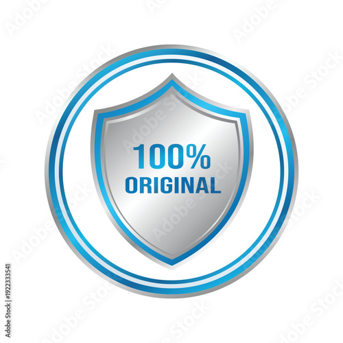 Silver shield with hundred percent original text inside blue circular badge on white