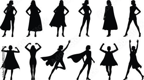 Set of confident female superhero silhouettes in dynamic poses with capes, black and white vector illustration, isolated white background.