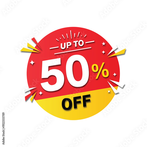 Discount offer sign with up to fifty percent off promotional advertisement