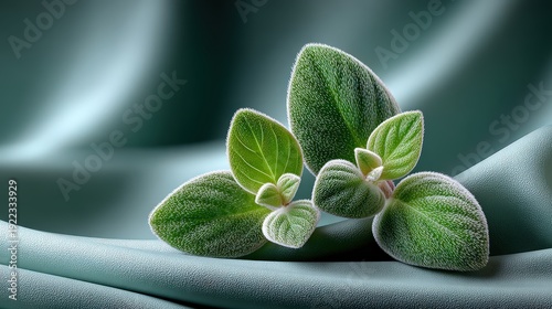 Macro of Fuzzy Green Leaves on Elegant Teal Silk Fabric