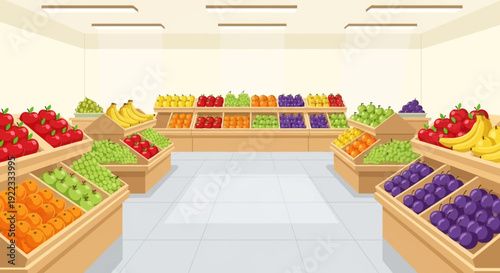 A fresh fruit shop interior with wooden display stands filled with fruits clean floor bright lighting organized layout minimal vector illustration flat design uncluttered composition