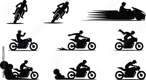 Motorcycle Rider Silhouette Icon Vector Biker Riding Motorcycle Silhouette Icon Set