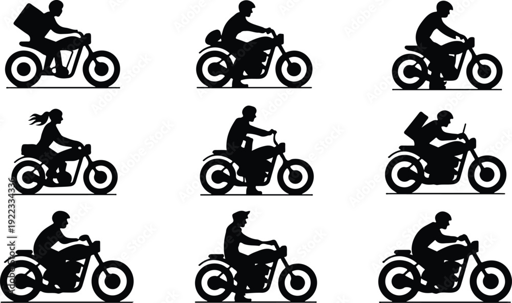 Naklejka premium Motorcycle Rider Silhouette Icon Vector Biker Riding Motorcycle Silhouette Icon Set