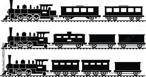 Silhouettes of three vintage steam trains with passenger cars on railway tracks, black and white vector illustration, side view profile.