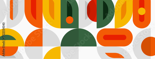 Abstract geometric shapes overlap, creating vibrant midcentury modern pattern. Colors include orange, yellow, green, red. Simple design.