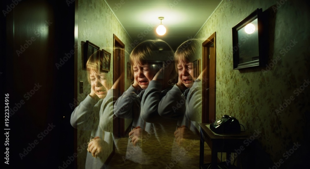 Fototapeta premium Child crying scared in dark hallway at home at night. Concept of scary nightmare, evil ghost, monster, childhood fear, horror, pain.