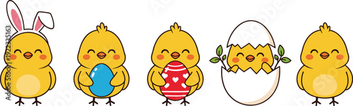 Cute Easter Chick Vector Illustration Set with Funny Yellow Baby Chicken Characters and Painted Eggs Isolated on White Background