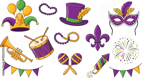 Mardi Gras Carnival Vector Illustration Set with Masquerade Mask Jester Hat Trumpet Drum and Fireworks Isolated on White Background