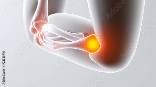 Close up medical animation of the human elbow joint showing bone structure and inflammation with orange glowing markers on a clean neutral background