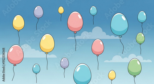 Colorful balloons floating in a clear blue sky with fluffy white clouds festive and joyful scene