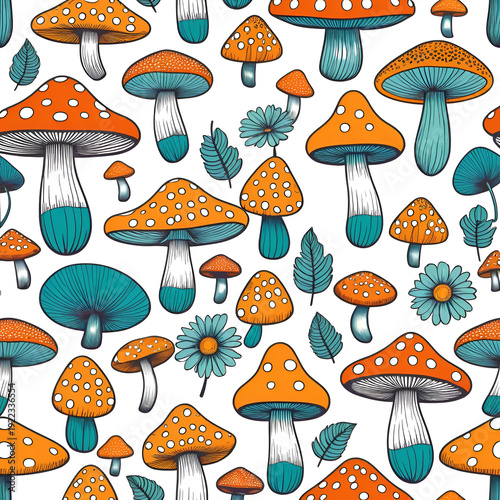 Boho retro 70s 60s Summer Groovy Mushrooms vector illustration set isolated on white. Bohemian hippie flower power vibes whimsy floral fly agaric fungus print collection.