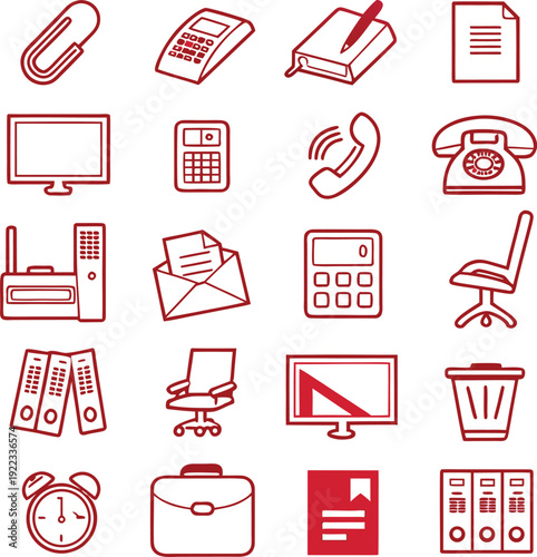 Office Icon Compilation: A collection of various office related objects and equipment arranged together to show the essence of a modern workplace, all rendered in a consistent, clean graphic style.
