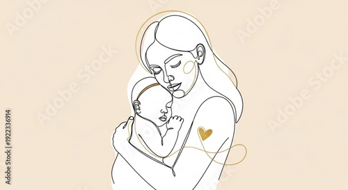 Mother holding newborn baby love and care heart on her arm minimalistic line art