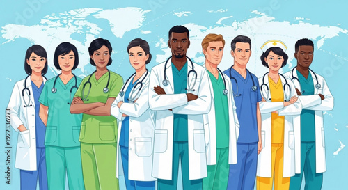 Diverse group of medical professionals standing together in scrubs and lab coats against a global background