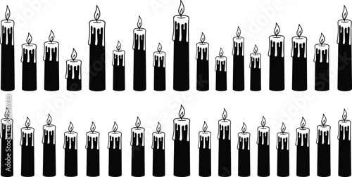 Black candle silhouettes with dripping wax and flames isolated on white background for memorial, birthday, Halloween, religious, and vigil concepts.