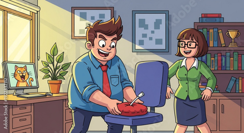 Man pranks coworker with whoopee cushion on office chair at workplace