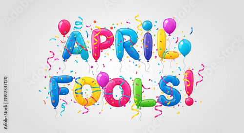 Colorful april fools' day celebration text with balloons and confetti on gray background