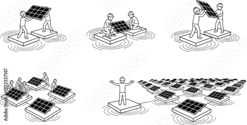 Black outline illustration of workers installing floating solar panels on water for renewable energy, sustainable power, green technology, and innovation.