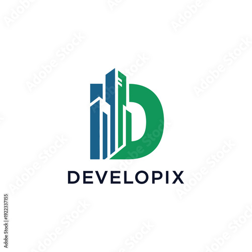 Modern letter D monogram logo featuring skyscraper skyline for premium real estate developer branding DeveloPix