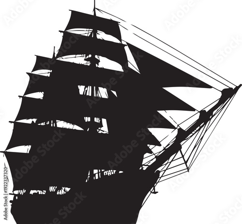 A black silhouette of a large sailing ship on the ocean isolated on transparent background, Vector