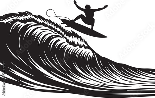 A surfer rides a wave on a surfboard isolated on transparent background, Vector