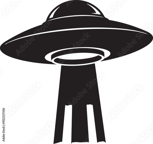 A black and white image of a flying saucer isolated on transparent background, Vector