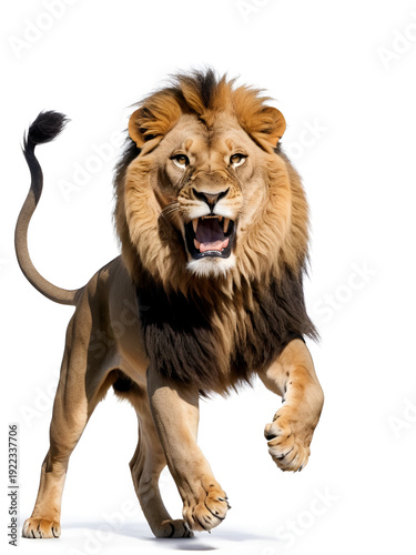 Adult male lion Panthera leo jumping with open mouth on white background. silhouette concept