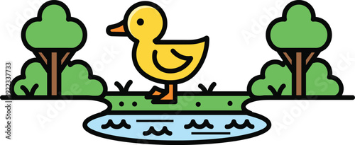 Cute cartoon duck by pond with trees flat outline animal character nature landscape icon children illustration vector design