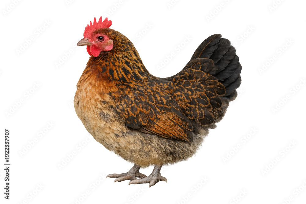Fototapeta premium Brown hen standing side view with red comb