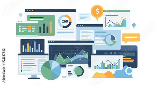 Data Analytics and Business Intelligence Dashboard Screens. Flat vector illustration of financial reports, market research, and growth visualization.