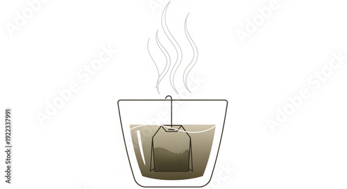 Steaming cup of tea with tea bag in transparent glass cup on white background simple illustration warm beverage relaxation comfort drink hot tea tea time serene moment minimalist