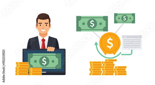 Online Business Income and Financial Growth Strategy. Businessman Managing Digital Money Flow, Investment, and Profit Generation.