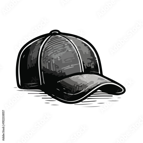 Black Baseball Cap, Vintage style hand drawn baseball cap with shading in outline sketch illustration.