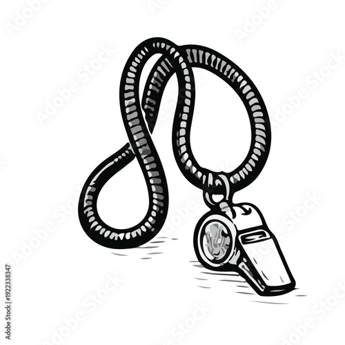 Hand drawn referee whistle with lanyard in vintage sports doodle outline style.
