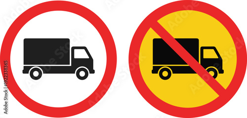 Truck prohibition and restriction road sign set with delivery vehicle icon red circle warning traffic symbol vector illustration