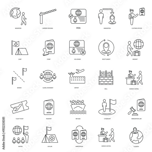 migration icon set featuring relocation, travel and border concepts in clean vector style.