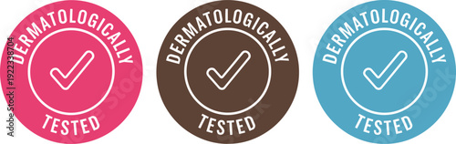Dermatologically tested badge set with check mark icon round cosmetic quality label skincare product certification vector illustration collection