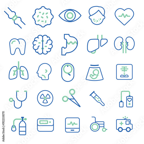 medical icon set featuring healthcare, hospital and treatment concepts in clean vector style.