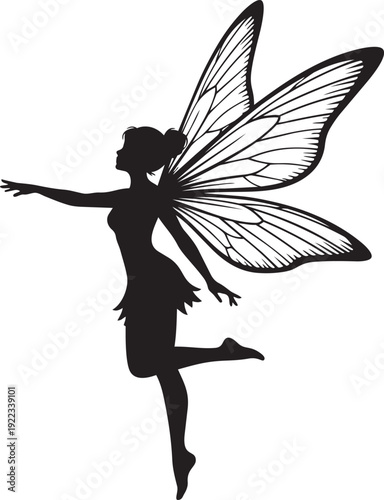 A black silhouette of a fairy with large wings isolated on transparent background, Vector