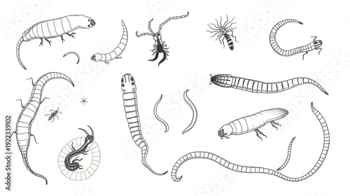Parasites, worms, helminths in humans, cats, dogs. Hand drawing.