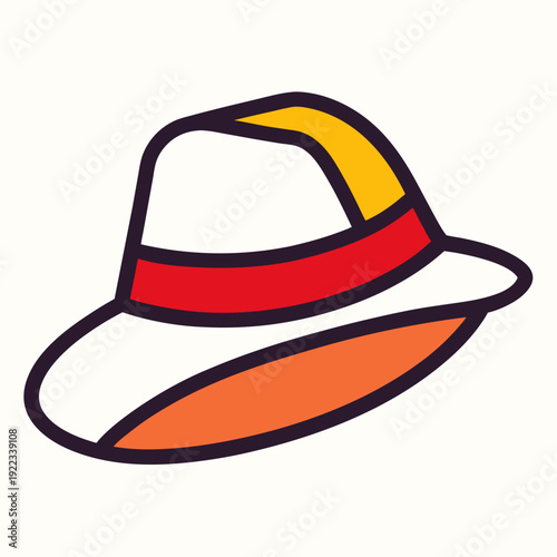 A delightful and vibrant cartoon hat featuring a bold red band and stylish orange brim