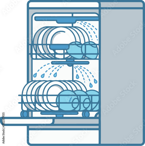 Modern Dishwasher Machine with Clean Plates and Glasses	