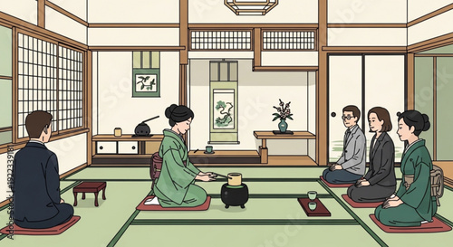 Traditional japanese tea ceremony in a beautiful tatami room with friends