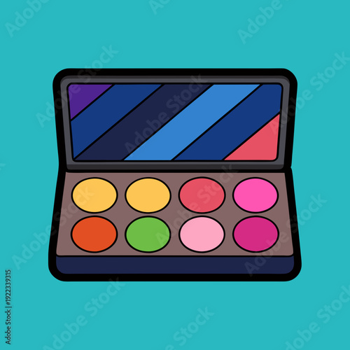 A vibrant cartoon makeup palette showcasing a variety of colorful eyeshadows with a reflective mirror