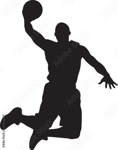 A black silhouette of a man playing basketball isolated on transparent background, Vector