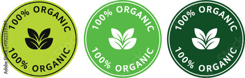 100 percent organic eco badge set with leaf icon round natural food label green certified organic product sticker vector illustration