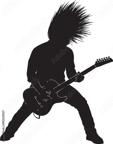 A black silhouette of a punk rocker playing an electric guitar isolated on transparent background, Vector